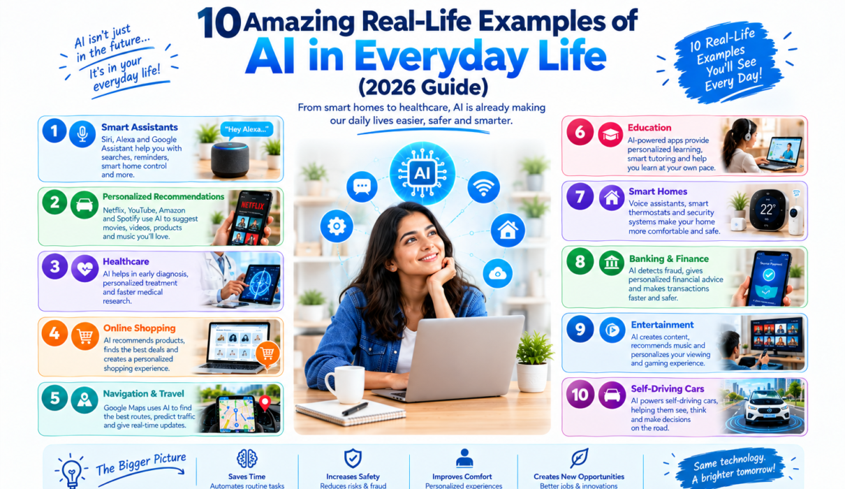 10 real-life examples of AI in everyday life including smart assistants, healthcare, online shopping, navigation, education, smart homes, banking, entertainment, and self-driving cars.