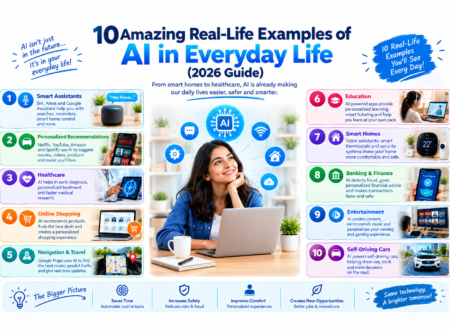 10 real-life examples of AI in everyday life including smart assistants, healthcare, online shopping, navigation, education, smart homes, banking, entertainment, and self-driving cars.