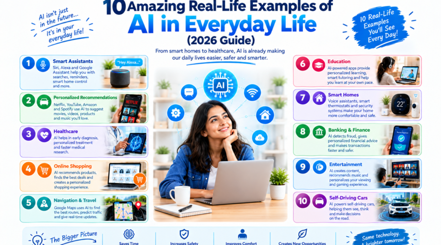 10 real-life examples of AI in everyday life including smart assistants, healthcare, online shopping, navigation, education, smart homes, banking, entertainment, and self-driving cars.
