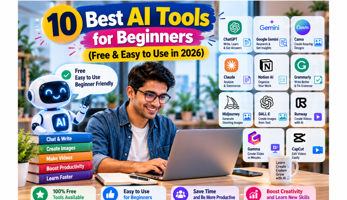 10 best AI tools for beginners in 2026, featuring ChatGPT, Google Gemini, Canva, Claude, Notion AI, Grammarly, Midjourney, DALL·E, Runway, Gamma, and CapCut for writing, designing, creating videos, and improving productivity.