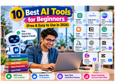 10 best AI tools for beginners in 2026, featuring ChatGPT, Google Gemini, Canva, Claude, Notion AI, Grammarly, Midjourney, DALL·E, Runway, Gamma, and CapCut for writing, designing, creating videos, and improving productivity.