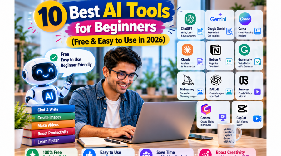 10 best AI tools for beginners in 2026, featuring ChatGPT, Google Gemini, Canva, Claude, Notion AI, Grammarly, Midjourney, DALL·E, Runway, Gamma, and CapCut for writing, designing, creating videos, and improving productivity.