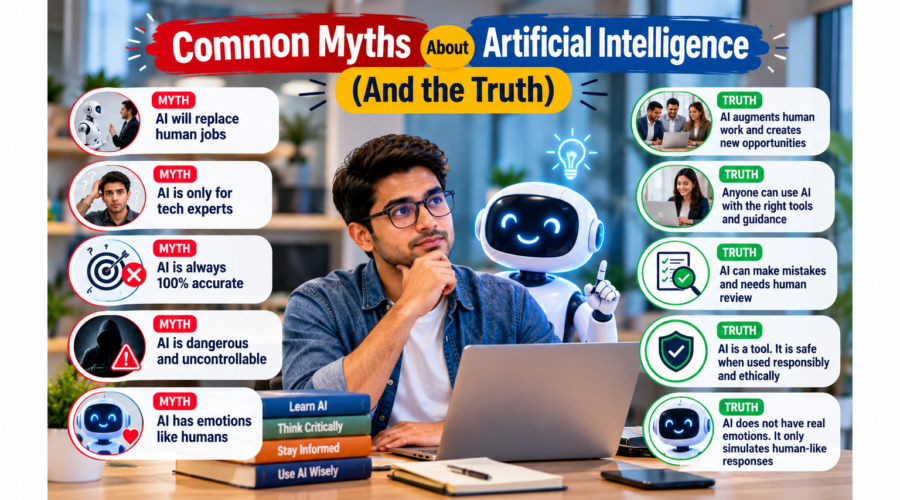 Common myths about artificial intelligence and the truth explained with a real-world person using a laptop alongside an AI robot, comparing misconceptions about job replacement, accuracy, safety, accessibility, and human emotions.