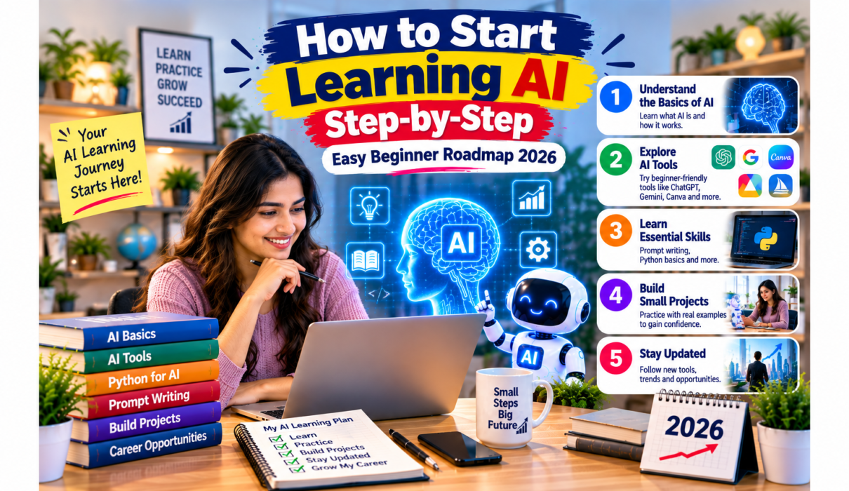 How to start learning AI step-by-step with an easy beginner roadmap for 2026, featuring a woman learning artificial intelligence on a laptop, AI tools, Python basics, practical projects, and essential AI skills.