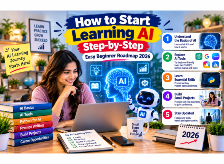 How to start learning AI step-by-step with an easy beginner roadmap for 2026, featuring a woman learning artificial intelligence on a laptop, AI tools, Python basics, practical projects, and essential AI skills.