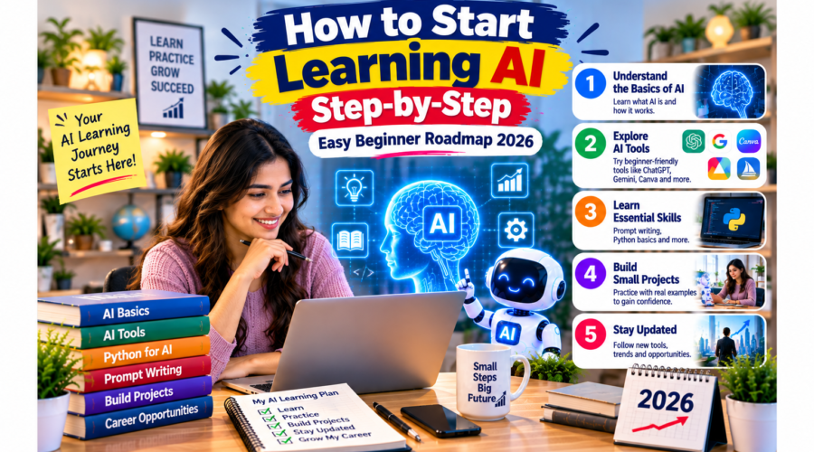 How to start learning AI step-by-step with an easy beginner roadmap for 2026, featuring a woman learning artificial intelligence on a laptop, AI tools, Python basics, practical projects, and essential AI skills.
