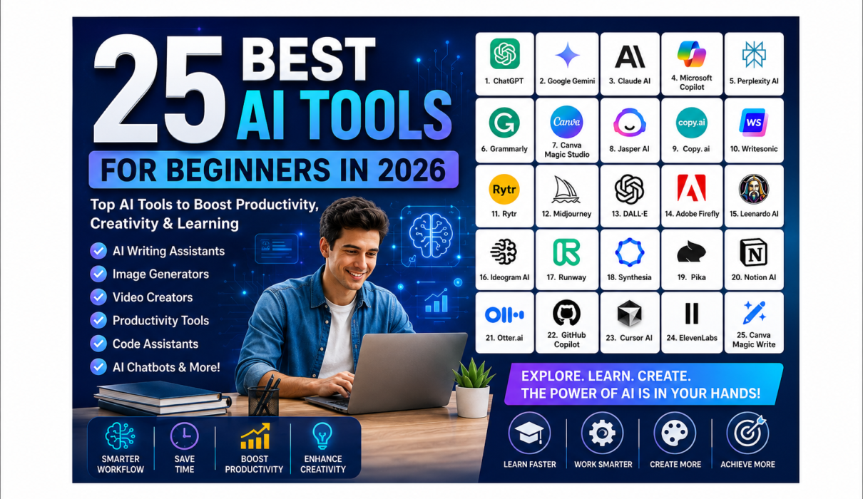 25 Best AI Tools for Beginners in 2026 featuring popular AI tools like ChatGPT, Gemini, Claude, Canva, Midjourney, and GitHub Copilot.