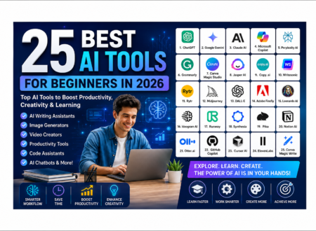 25 Best AI Tools for Beginners in 2026 featuring popular AI tools like ChatGPT, Gemini, Claude, Canva, Midjourney, and GitHub Copilot.
