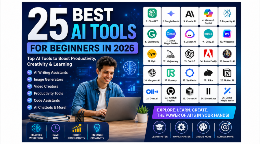 25 Best AI Tools for Beginners in 2026 featuring popular AI tools like ChatGPT, Gemini, Claude, Canva, Midjourney, and GitHub Copilot.