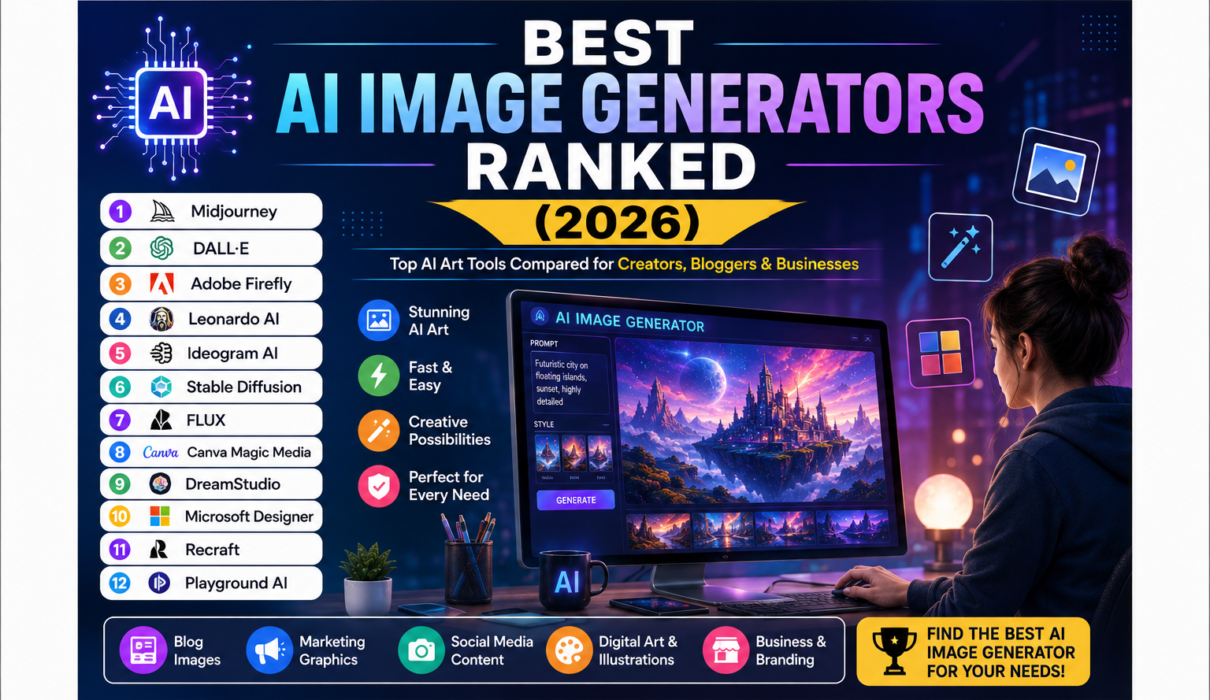 Comparison of the best AI image generators in 2026, including Midjourney, DALL·E, Leonardo AI, Adobe Firefly, Ideogram AI, Stable Diffusion, FLUX, Canva Magic Media, and other AI art tools.