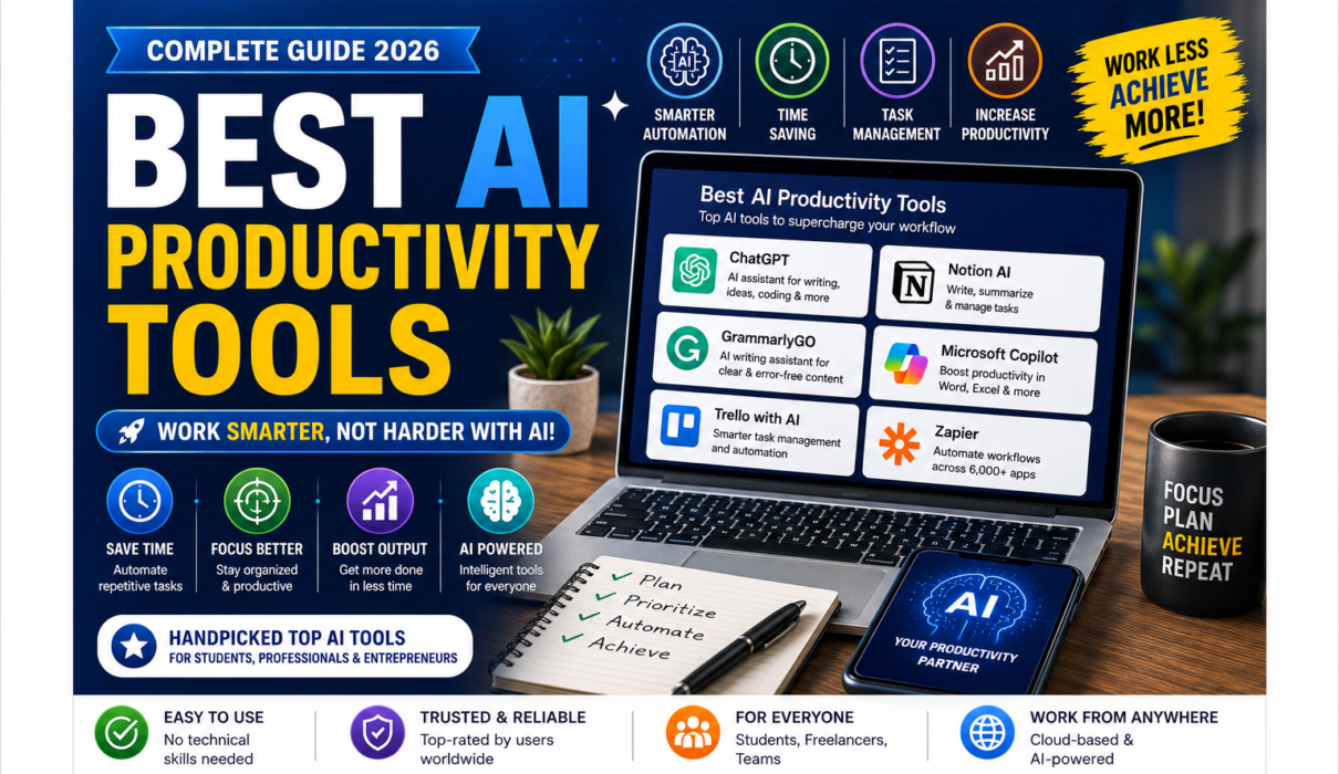 Best AI productivity tools in 2026 for writing, research, task management, meetings, automation, project management, and workplace productivity.