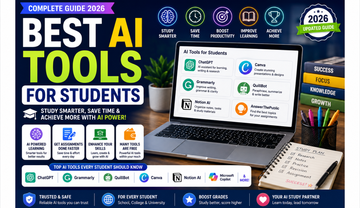Best AI tools for students in 2026 for studying, research, writing, exams, coding, note-taking and productivity.