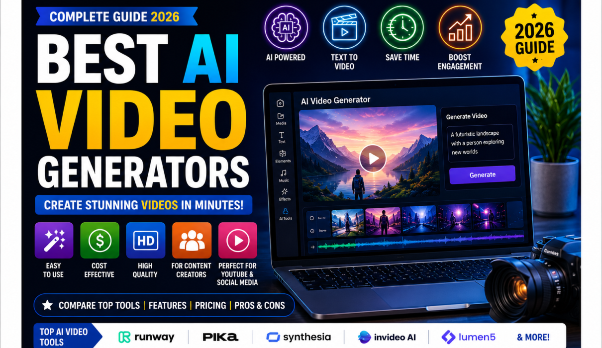 Best AI video generators in 2026 compared for cinematic videos, AI avatars, text-to-video, social media, YouTube, and business content.